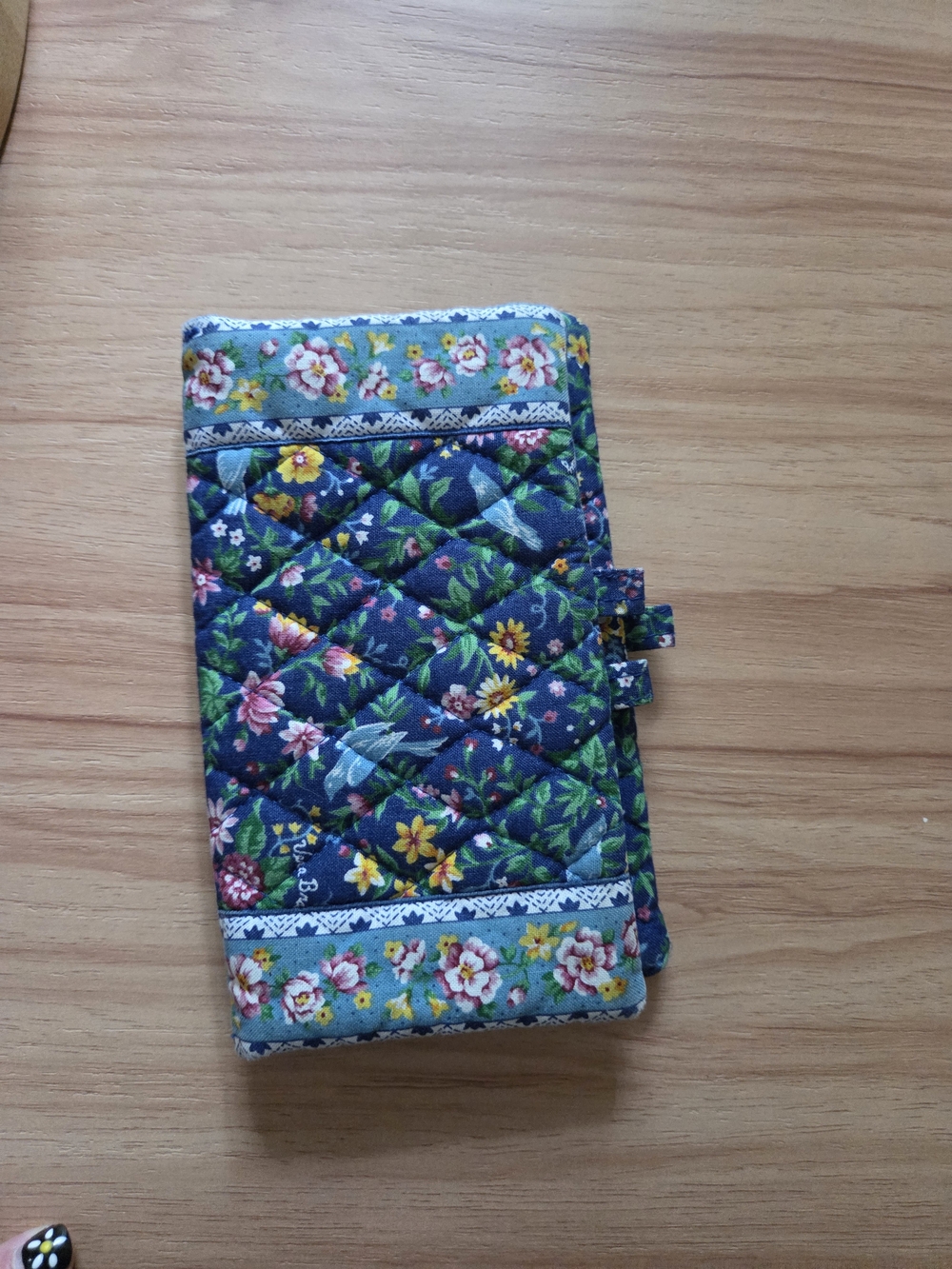 Vera Bradley Quilted Floral Cosmetic Case in Navy with Green and Yellow Accents